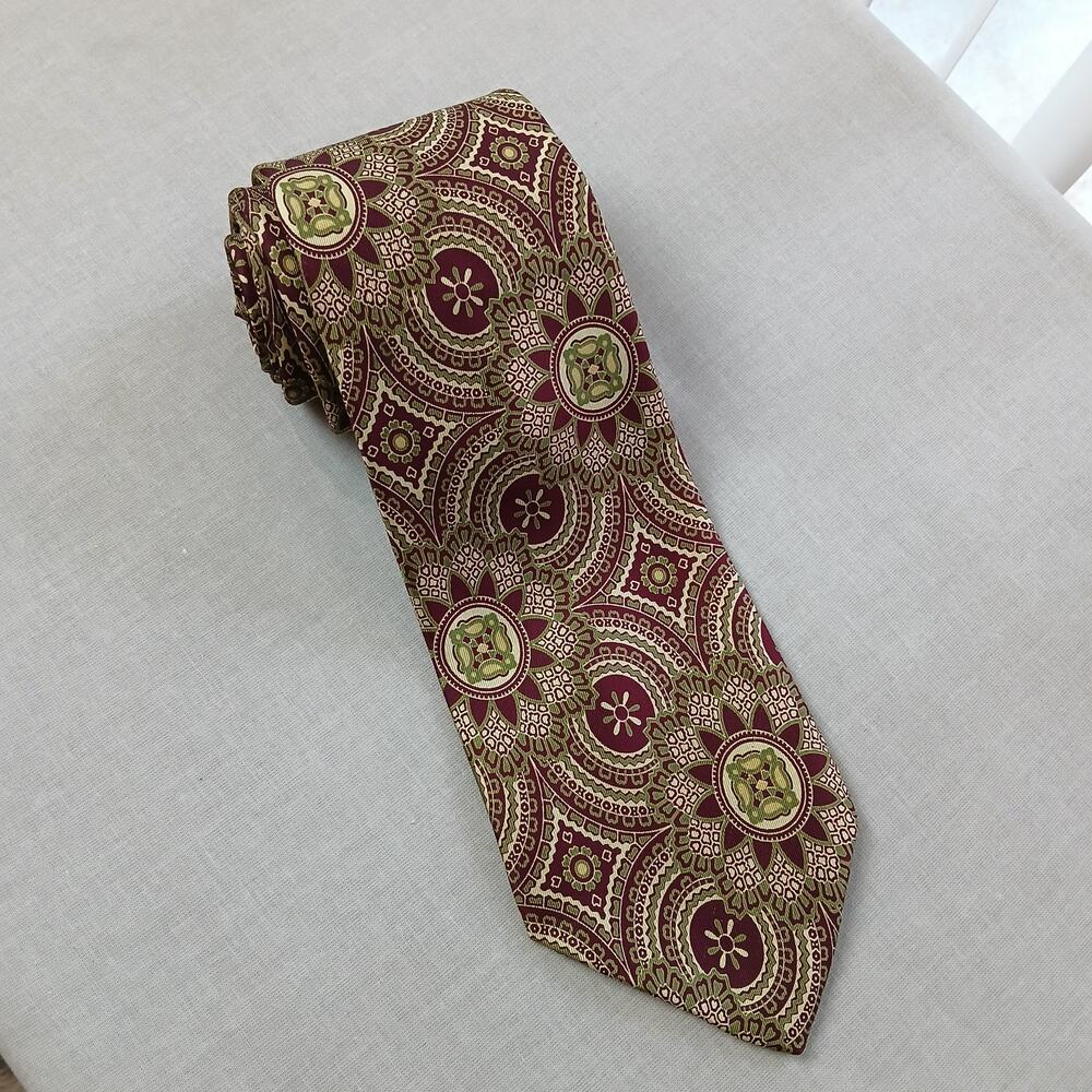 Vivace Medallion Print Smooth Silk Necktie burgundy green cream retro paisley